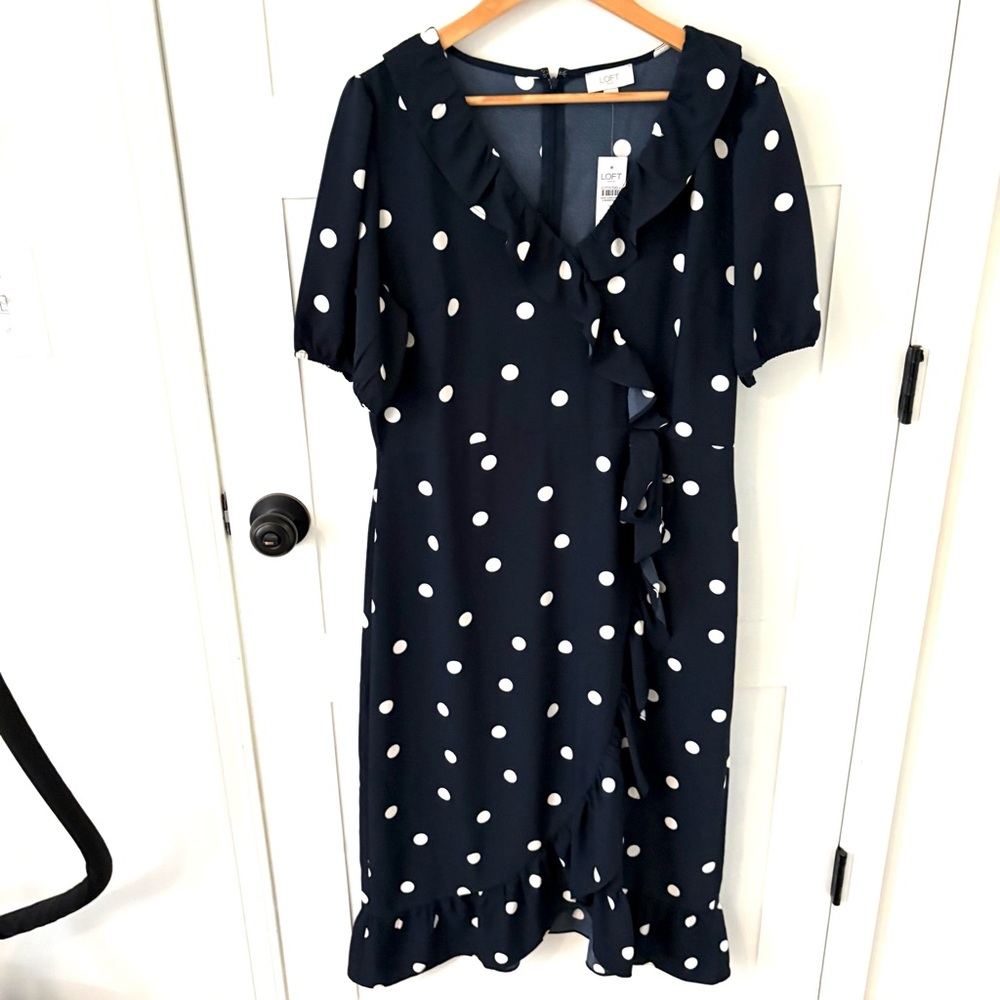 Loft Outlet Faux Wrap Ruffle Trim Navy White Polka Dot Midi Dress. Size 12.